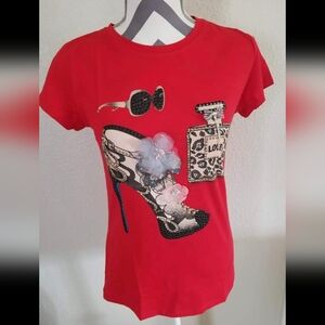Chic Red Graphic Tee with Embellishments